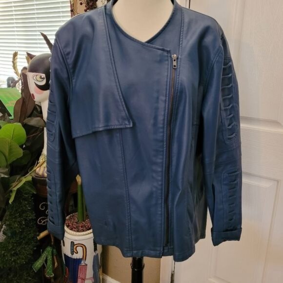 Faux Leather moto jacket blue Women's 1X 1XL motorcycle sexy - Picture 2 of 9